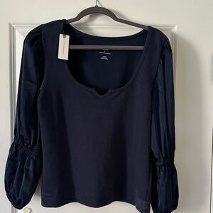 Anthropologie Navy Blouse with Gathered Sleeves